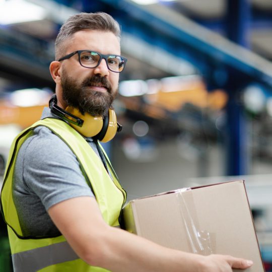 Man worker working in industrial factory or warehouse